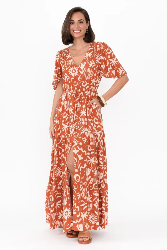 Barbara Rust Geo Flutter Sleeve Dress