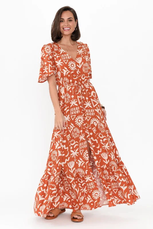 Barbara Rust Geo Flutter Sleeve Dress