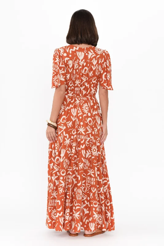 Barbara Rust Geo Flutter Sleeve Dress