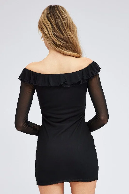 Black Mini Dress Long Sleeve Off Shoulder Frill Mesh