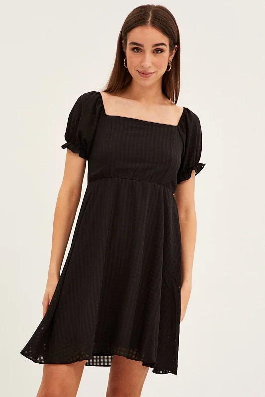 Black Square Neck Puff Sleeve Skater Dress