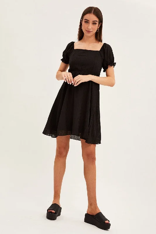 Black Square Neck Puff Sleeve Skater Dress