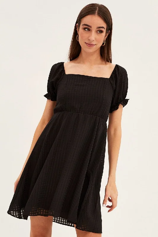 Black Square Neck Puff Sleeve Skater Dress