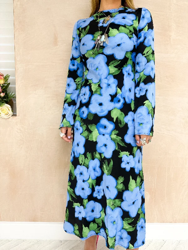 Abstract Floral Print Midi Dress In Blue