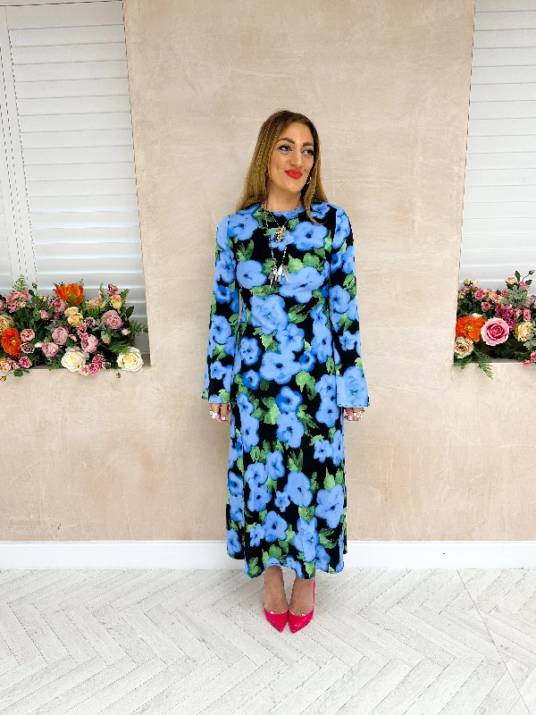 Abstract Floral Print Midi Dress In Blue