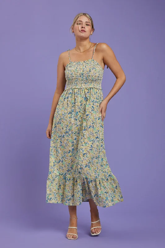 Blue Multi Ditsy Floral Smocked Maxi Dress