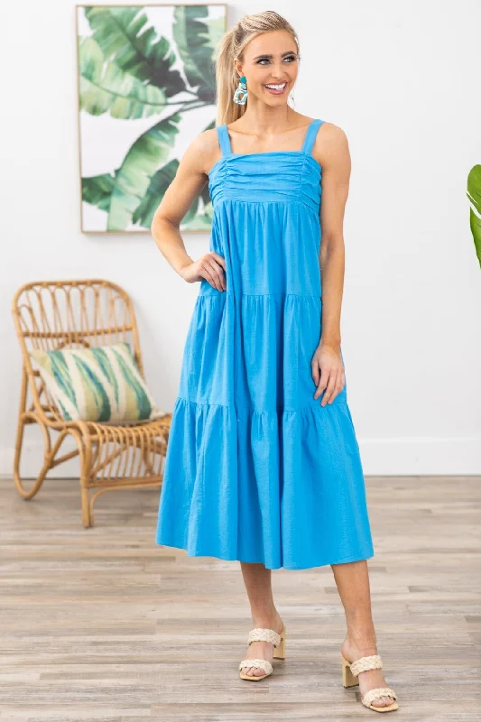 Blue Ruched Bodice Midi Dress