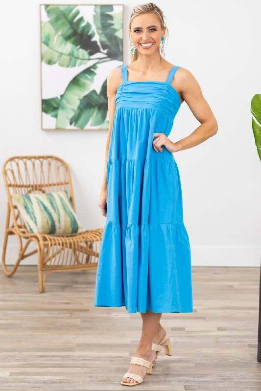 Blue Ruched Bodice Midi Dress