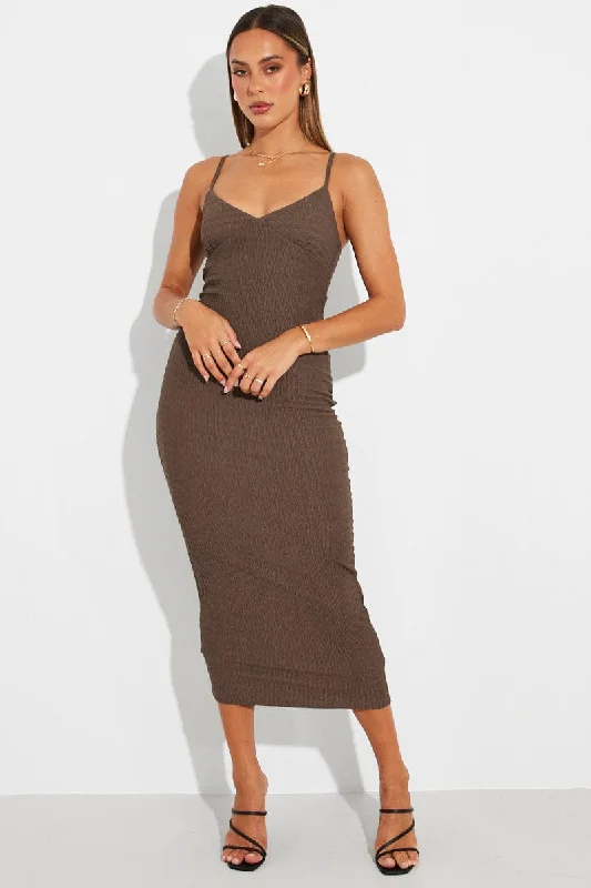 Brown Midi Dress Sleeveless Textured Fabric