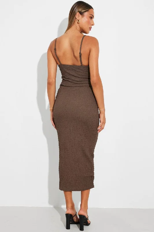 Brown Midi Dress Sleeveless Textured Fabric