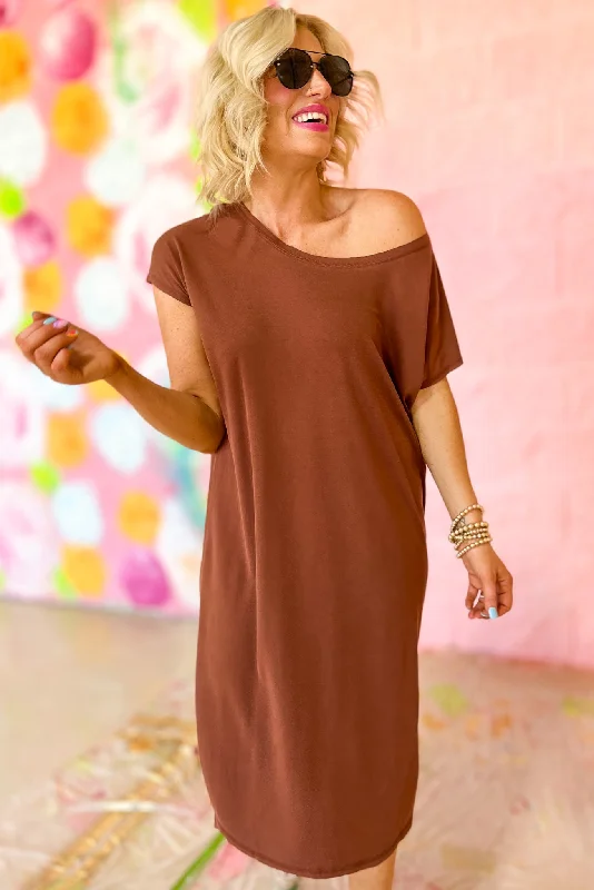 Brown Round Neck Hi Low T Shirt Midi Dress