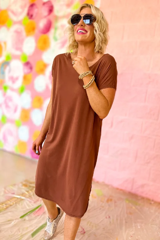 Brown Round Neck Hi Low T Shirt Midi Dress