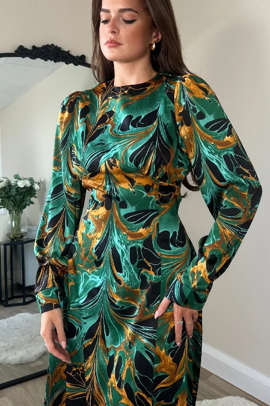 Cass Green Print Long Sleeve Midi Dress