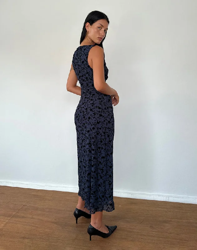 Gabriela Midi Dress in Flocked Petal Navy