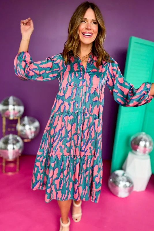 Hunter Green Animal Printed Satin 3/4 Sleeve Collared Midi Dress