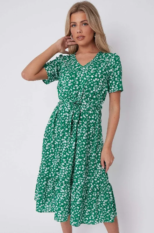 LOVE SUNSHINE Green Floral Print V Neck Frilled Hem Midi Dress