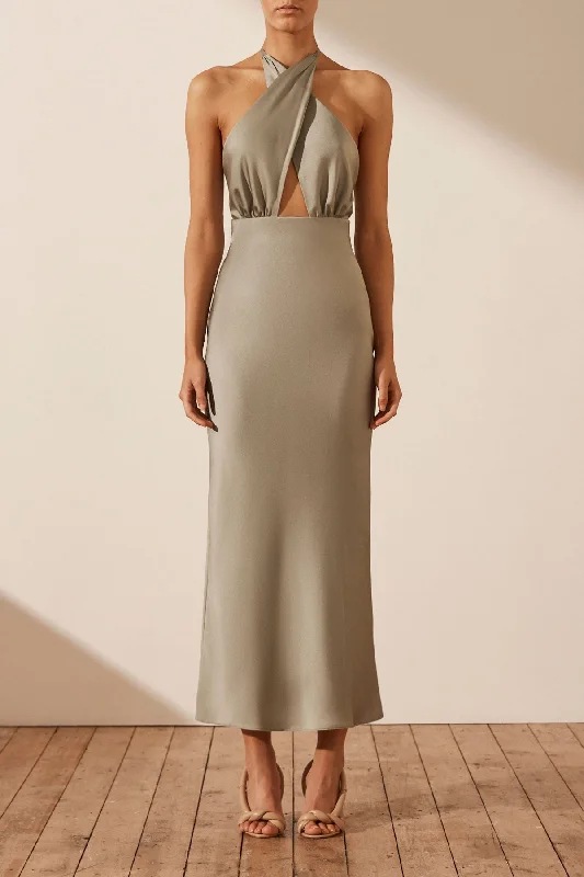 LUXE CROSS FRONT HALTER MIDI DRESS - EUCALYPTUS