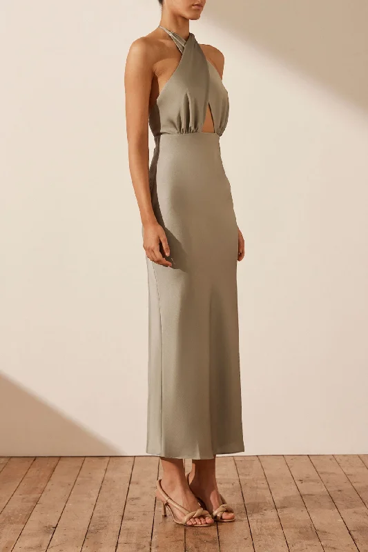 LUXE CROSS FRONT HALTER MIDI DRESS - EUCALYPTUS