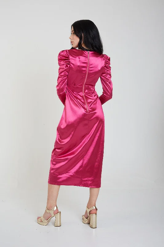 Magenta V Neck Structured Jersey Midaxi Dress