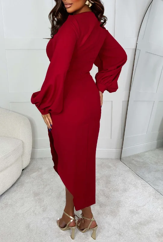 My Moment Red Long Sleeve Ruched Detail Midi Dress