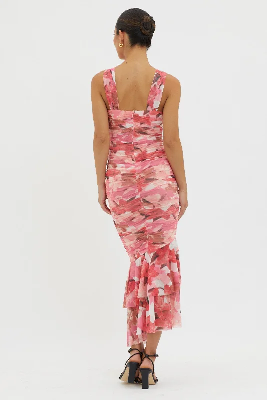 Nadia Ruched Fishtail Midi Dress Floral Pink