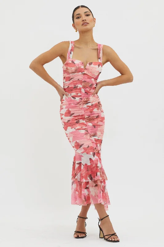 Nadia Ruched Fishtail Midi Dress Floral Pink