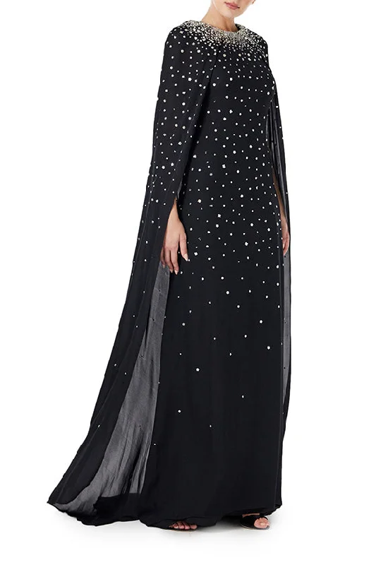 Embroidered Chiffon Cape Gown