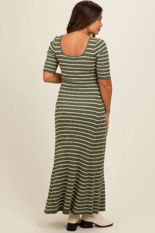 Olive Striped Ribbed Short Sleeve Maternity Maxi Dress