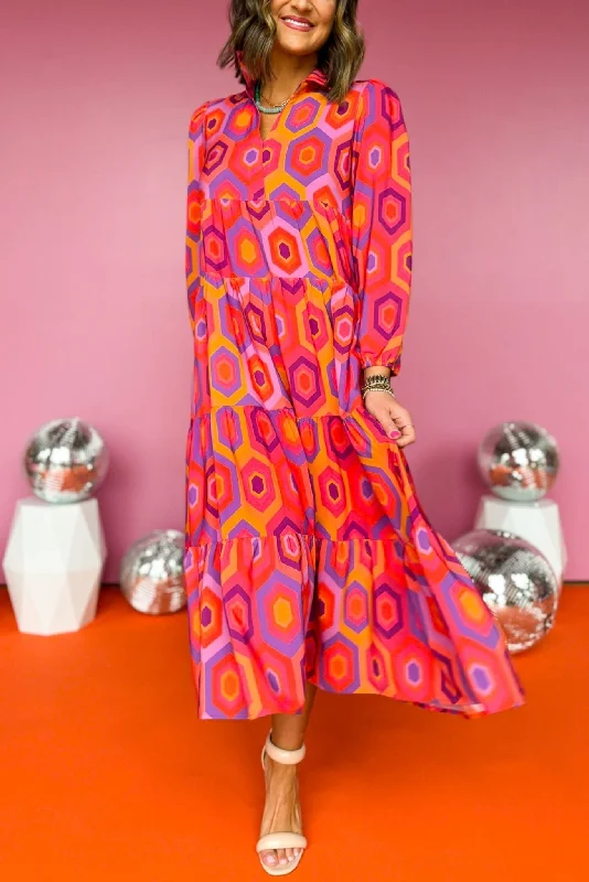 SSYS The Emery Midi Dress In Pink Orange Hexagon Print