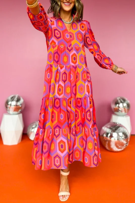 SSYS The Emery Midi Dress In Pink Orange Hexagon Print