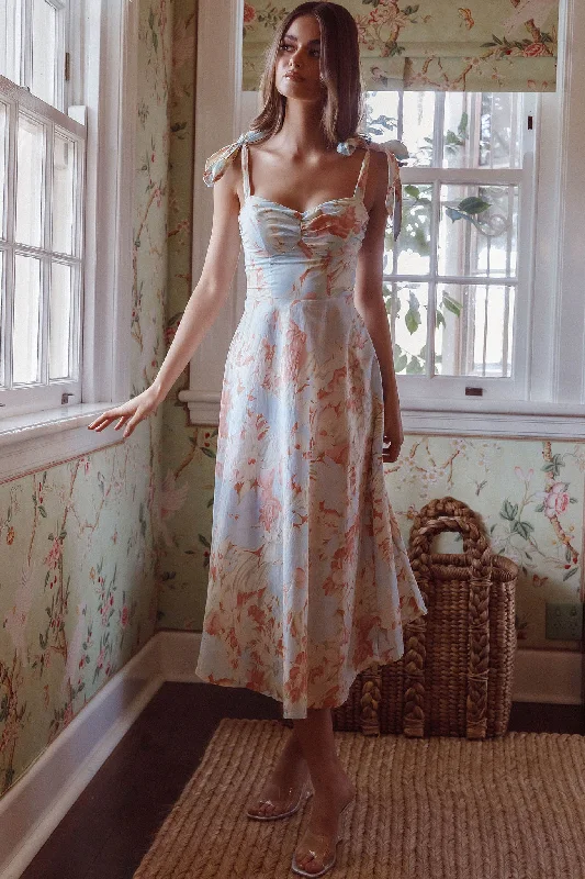 Sweet Pea Tied Shoulder Midi Dress Floral Blue