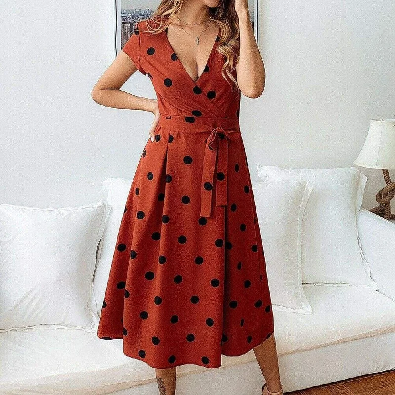 FashionSierra - Women Polka Dot Midi Dress Fashion Ladies Boho Short Sleeve V Neck Summer Beach Party Casual Long Sundress