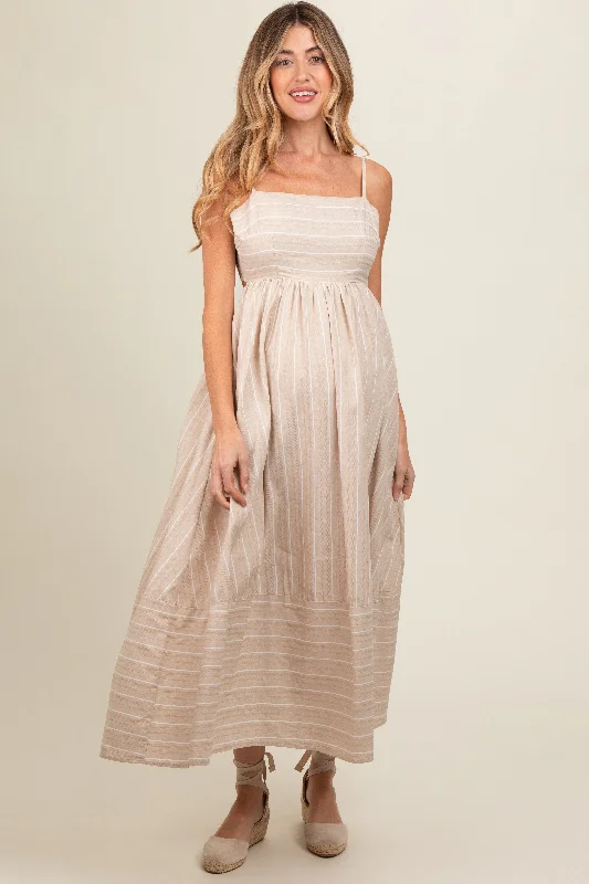 Beige Striped Cutout Back Maternity Maxi Dress