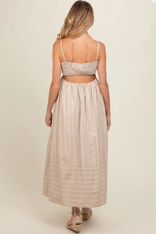 Beige Striped Cutout Back Maternity Maxi Dress