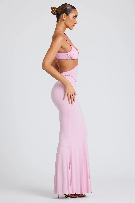 Contrast Binding Cut Out Evening Gown in Soft Pink