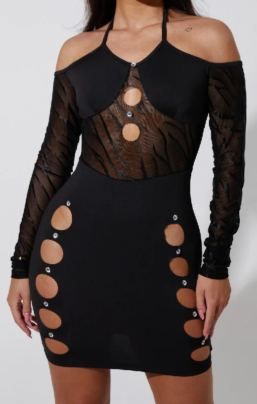 Black Mesh Off The Shoulder Cut Out Bodycon Mini Dress - Farrah