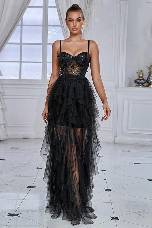 Black Spaghetti Straps A Line Prom Dress with Slit