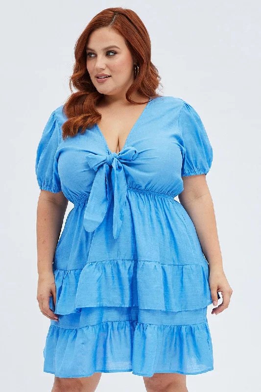 Blue Frill Dress Short Sleeve Tie Front Mini