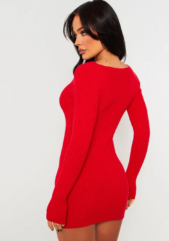 Carrie Red Knit Sweetheart Neckline Mini Dress