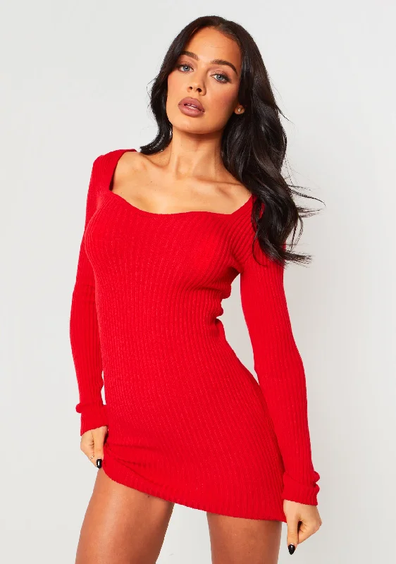 Carrie Red Knit Sweetheart Neckline Mini Dress