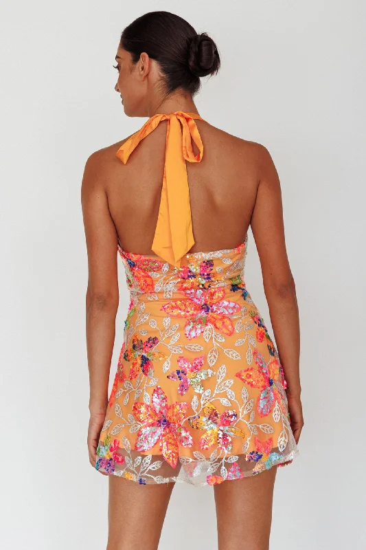 Champagne Showers Halterneck Slip Mini Dress Sequin Floral Orange