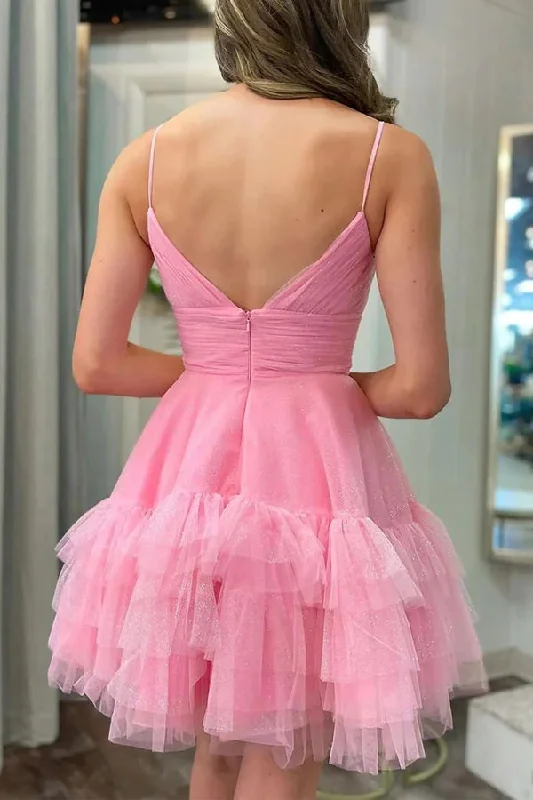 Cute A-Line Spaghetti Straps  Pink Tulle Homecoming Party Dress PD481