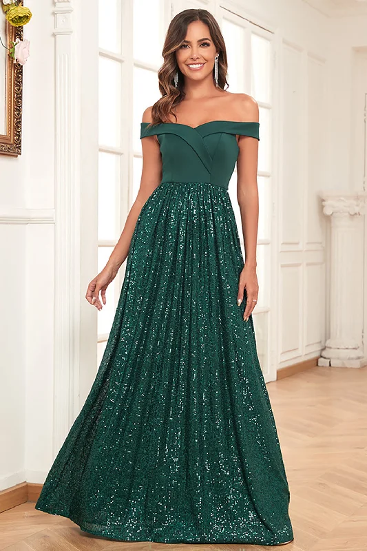 Dark Green A-Line Off The Shoulder Sequins Long Prom Dress