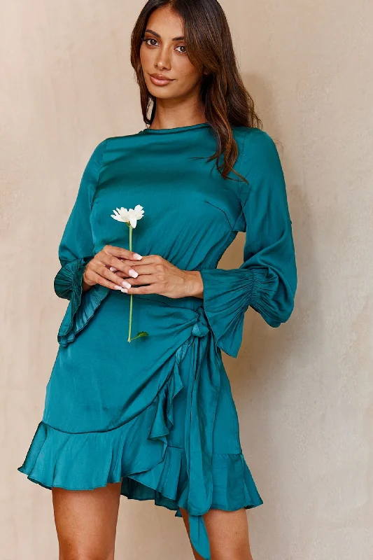 Darla Long Sleeve Satin Dress Forest Green