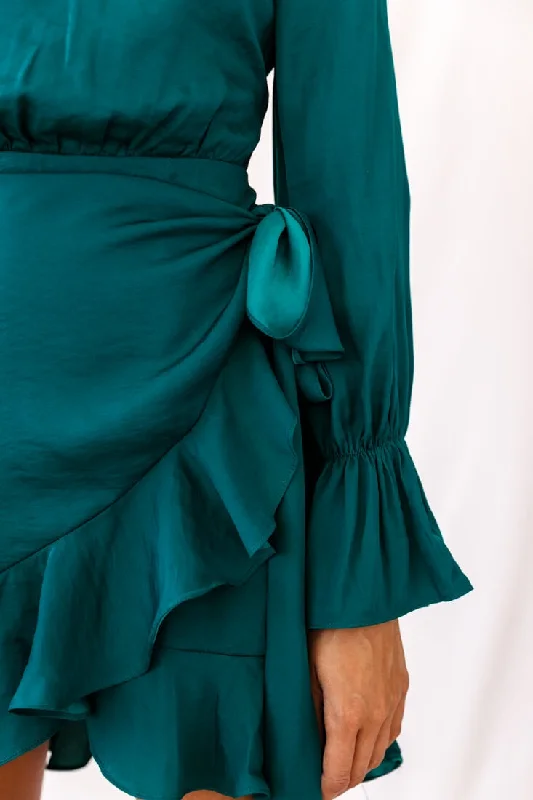 Darla Long Sleeve Satin Dress Forest Green