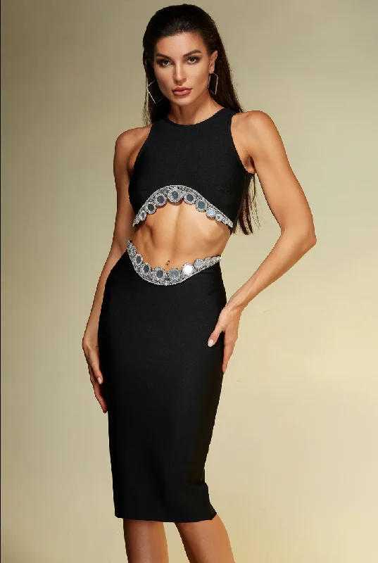 ""Dream"" Sexy Rhinestone Embellished Black & White Two Piece Bandage Dress