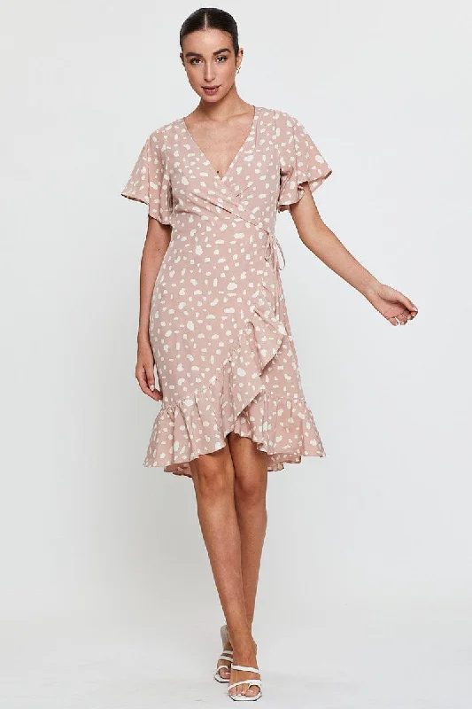 Geo Print Wrap Dress Short Sleeve Ruffle Hem