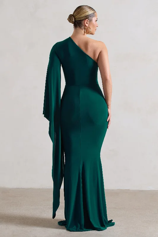 Giada | Bottle Green Ruched One Shoulder Cape Sleeve Maxi Dress