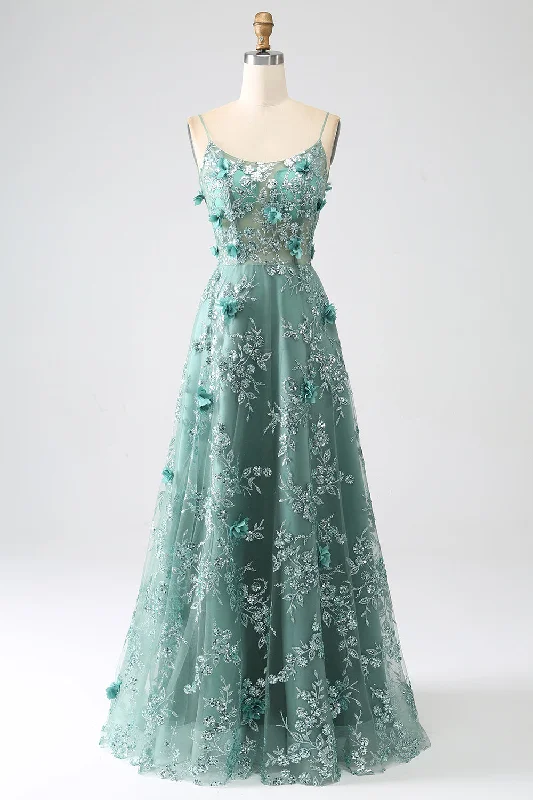 Glitter Grey Green Spaghetti Straps Lace Flower Long Corset Prom Dress