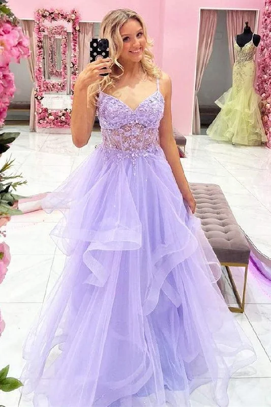 Gorgeous V Neck Beaded Purple Lace Floral Long Prom Dresses  PSK354